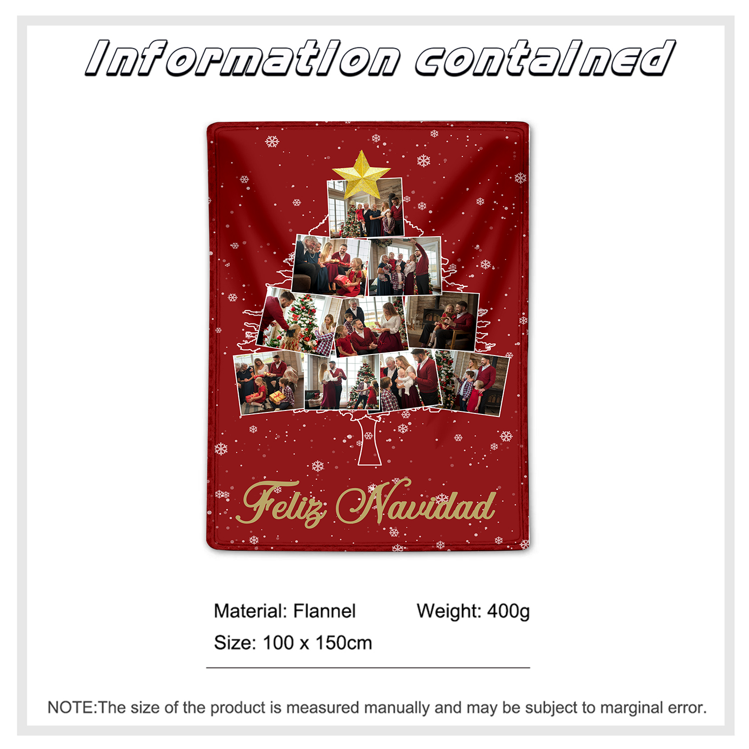 Manta de buen calidad de Navidad personalizada con 10 fotos-Jessemade ES