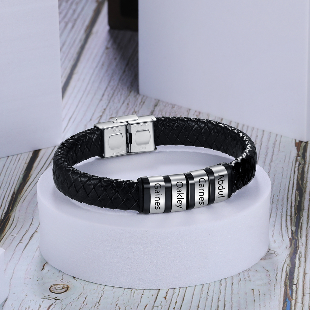 A mi querido-Pulsera de cuero trenzado de hombre con 4 perlas personalizadas con 4 nombres-Jessemade ES
