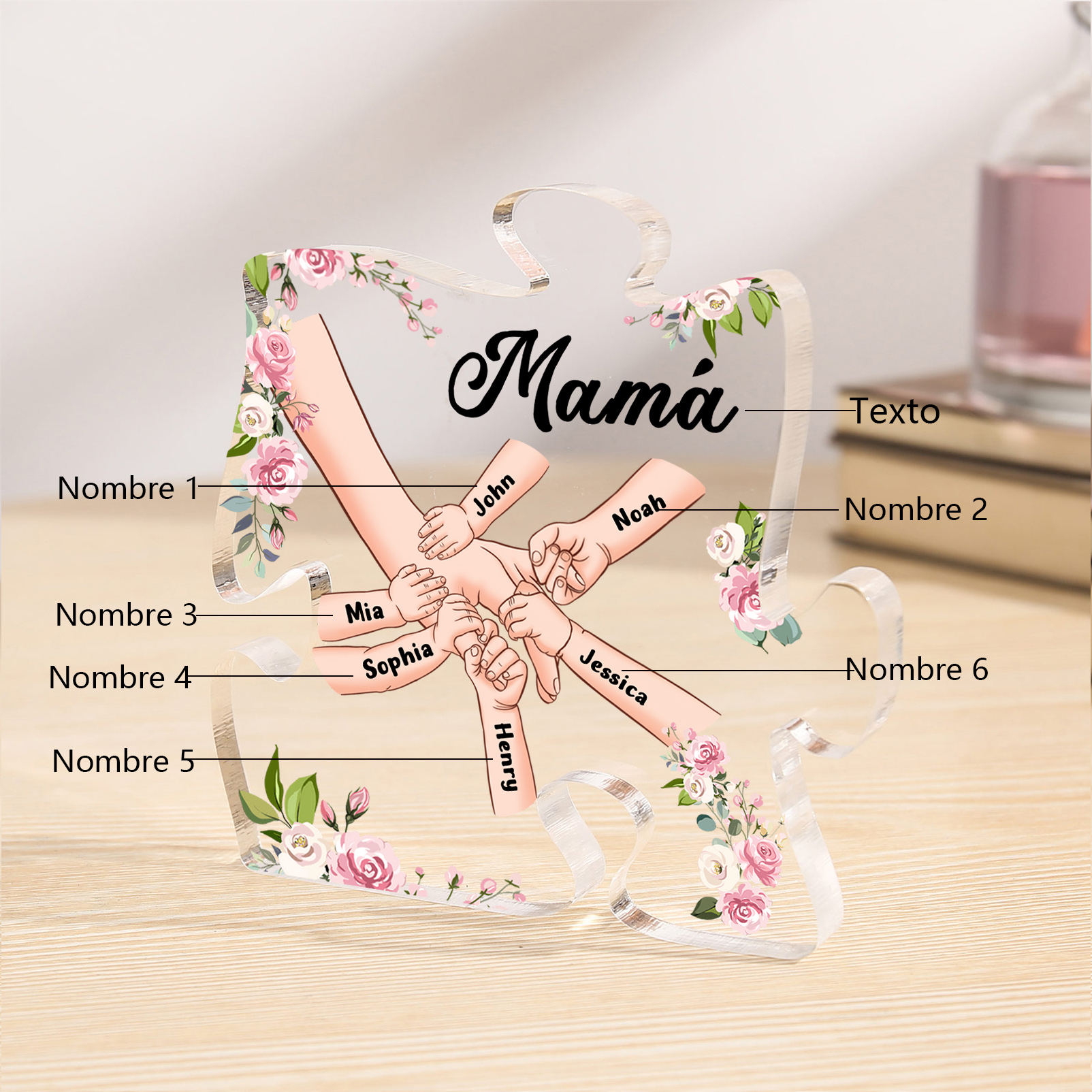 A mi mamá/abuela-Placa de acrílico en forma de corazón mano a mano con 1 texto y 6 nombres personalizados | Jessemade