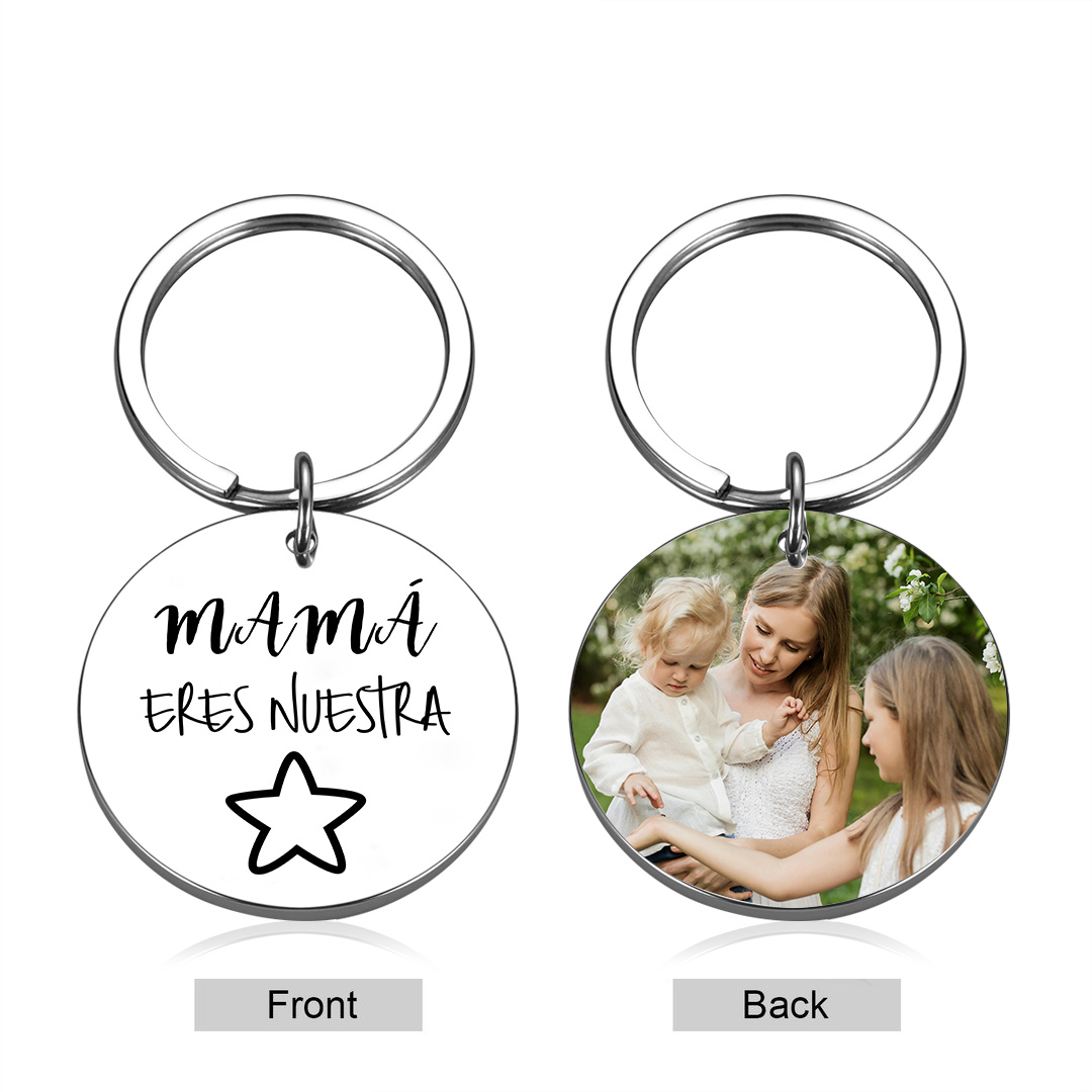 A mi mamá - Llavero de placa redonda "mamá, nuestra estrella" con 1 foto personalizada-Jessemade ES