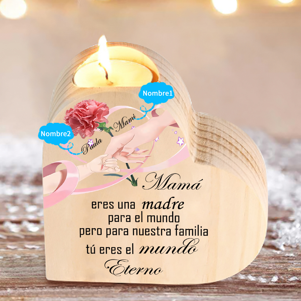 A mi mamá-Candelero con 2 nombres personalizados en forma de corazón de madera sin candela-Jessemade ES