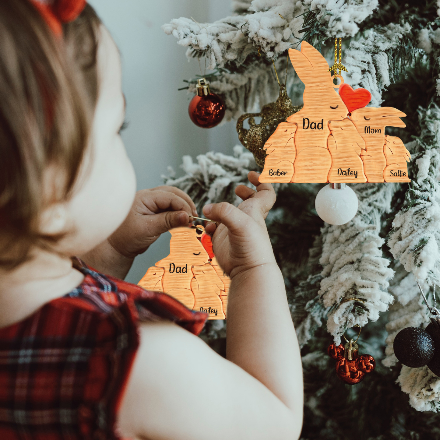 Navidad-Ornamento muñecos navideño de madera familia de conejos 5 nombres personalizados adorno del árbol-Jessemade ES