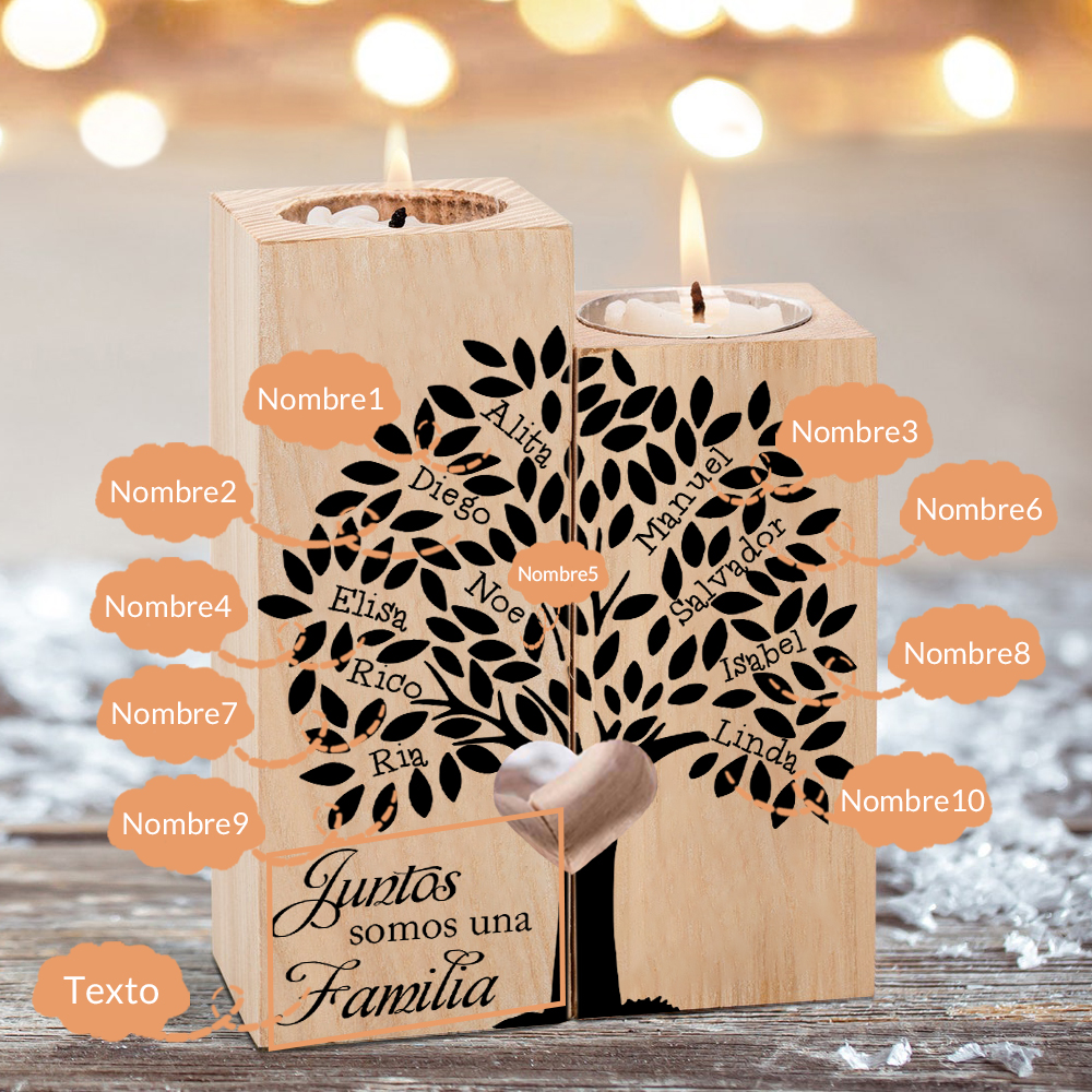 A la familia-Candelero de árbol de la vida de madera personalizado con 2-10 nombres y 1 texto sin vela-Jessemade ES