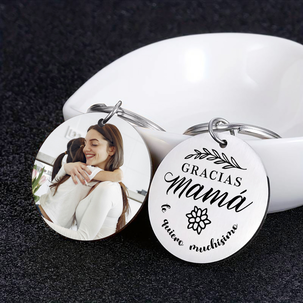 A mi mamá - Llavero de placa redonda "gracias mamá" con 1 foto personalizada-Jessemade ES