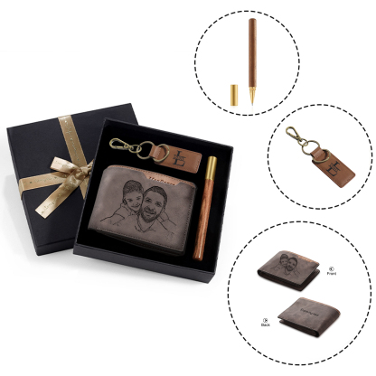 Kit de regalo-Llavero, cartera y bolígrafo con 1 nombre, letra y texto personalizados con foto para hombre-Jessemade ES