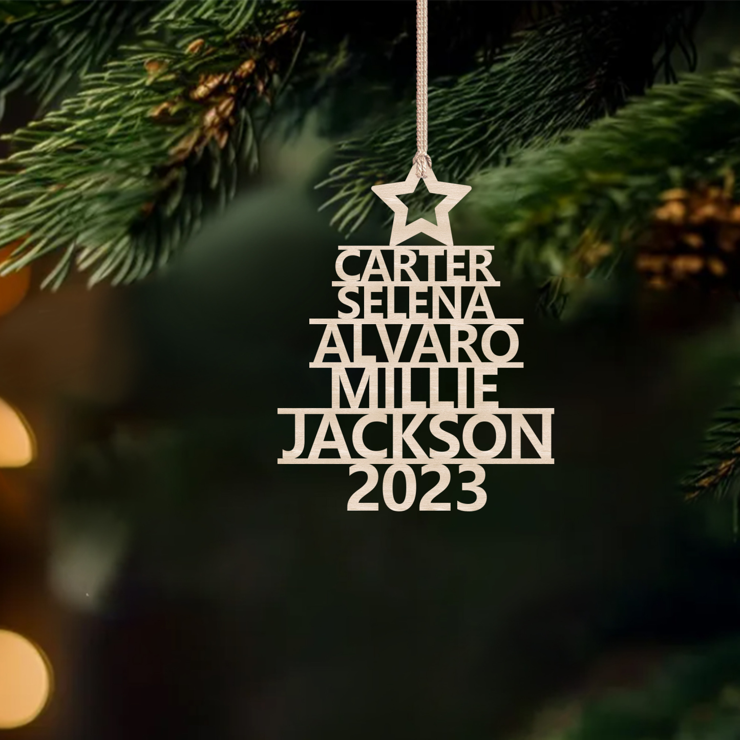 Navidad-Ornamento navideño de madera árbol de nombres con 5 nombres y año personalizados