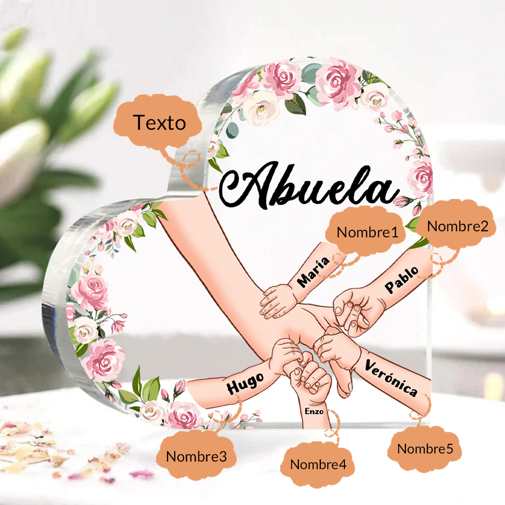 A mi mamá/abuela-Placa de acrílico en forma de corazón mano a mano con 1 texto y 5 nombres personalizados | Jessemade