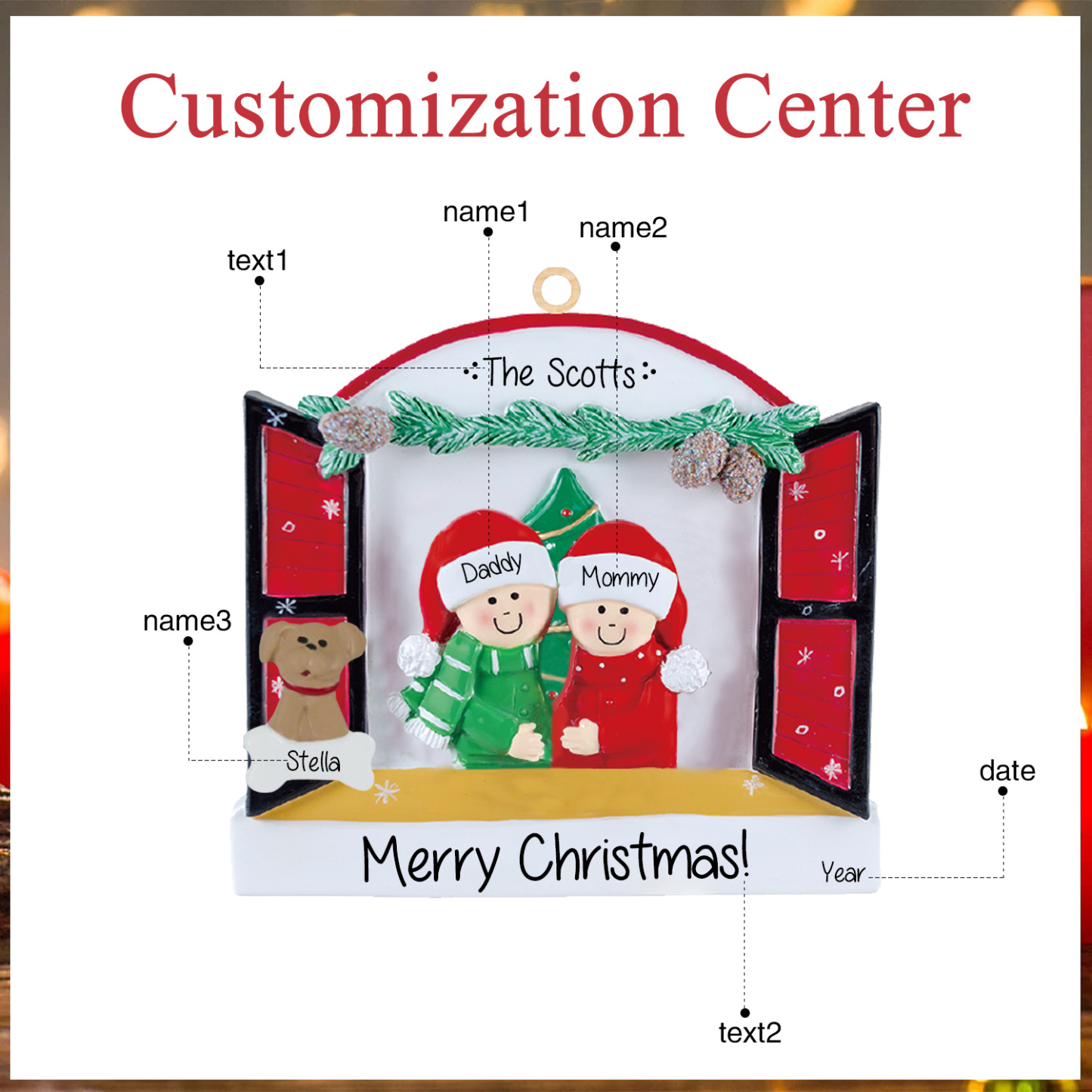 Navidad-Ornamentos Navideños de Madera Familia de 2-4 con Perro 3-5 Nombres Personalizados con 2 Textos y Año-Jessemade ES