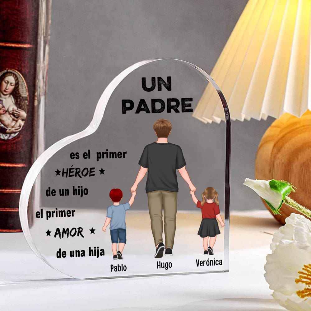 Placa de acrílico en forma de corazón papá e hijos con 3 nombres personalizados-Jessemade ES