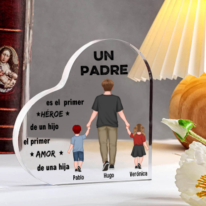 Placa de acrílico en forma de corazón papá e hijos con 3 nombres personalizados-Jessemade ES