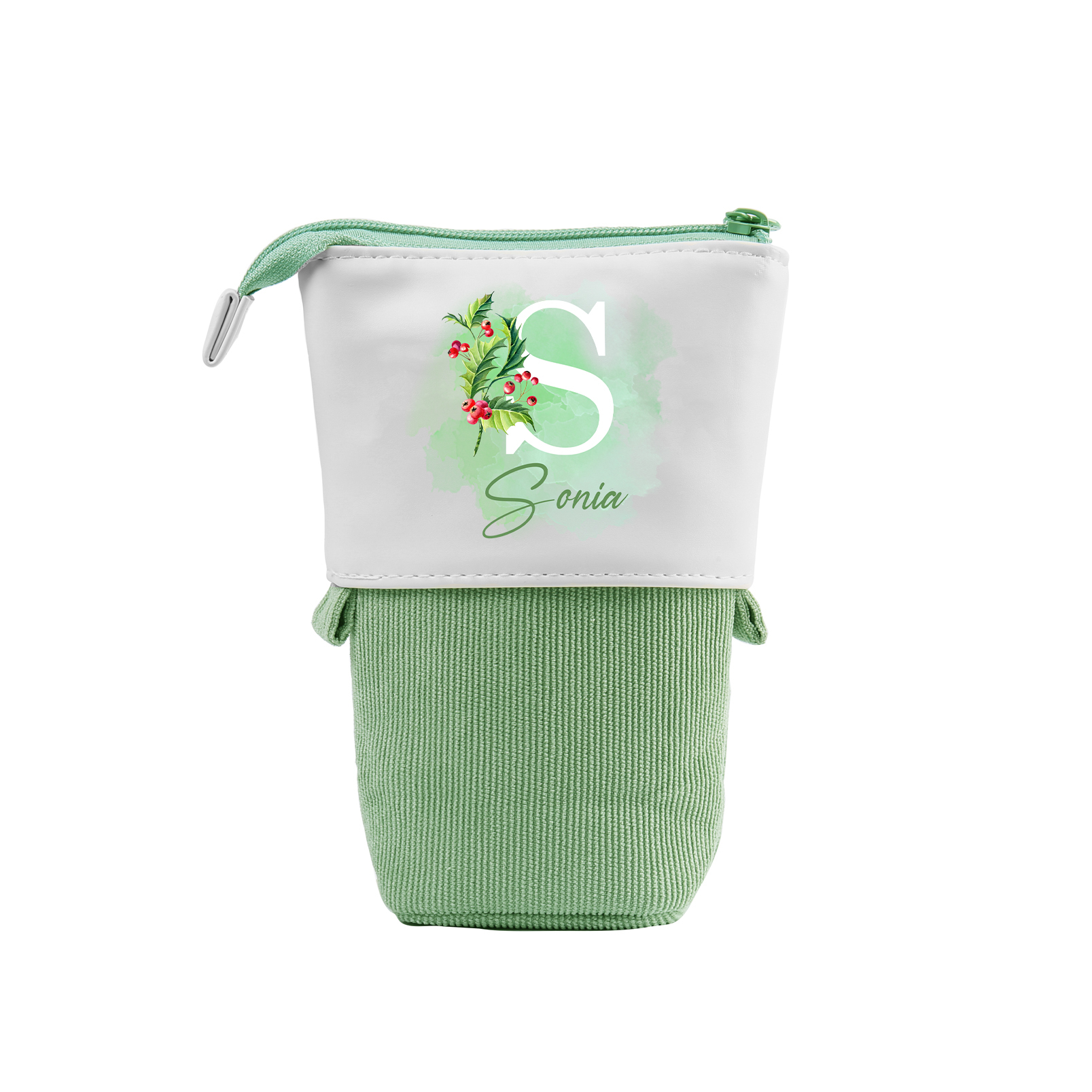 Estuche personalizado con nombre, letra y flor de nacimiento con diseños coloridos para niños