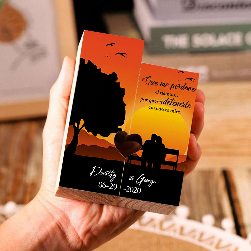 Candelero para pareja de madera de dos piezas sin candela con 2 nombres y fecha personalizados-Jessemade ES