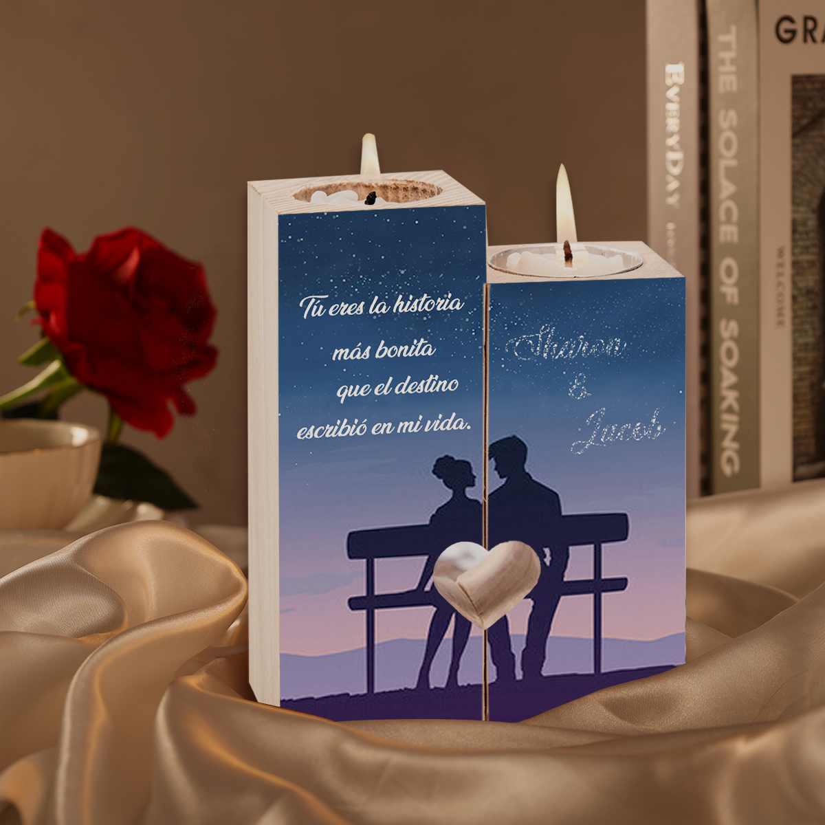Candelero para pareja de madera de dos piezas sin candela con 2 nombres personalizados-Jessemade ES