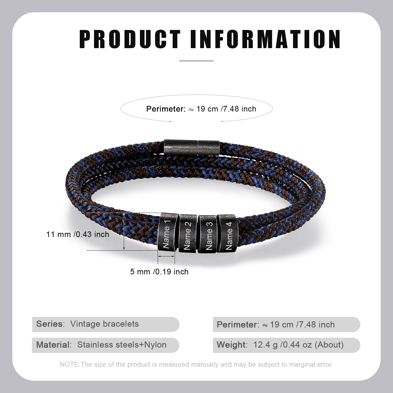 Pulsera de triple cuerda azul y marrón con 4 aros 4 nombres personalizados pulsera de hombre -Jessemade ES