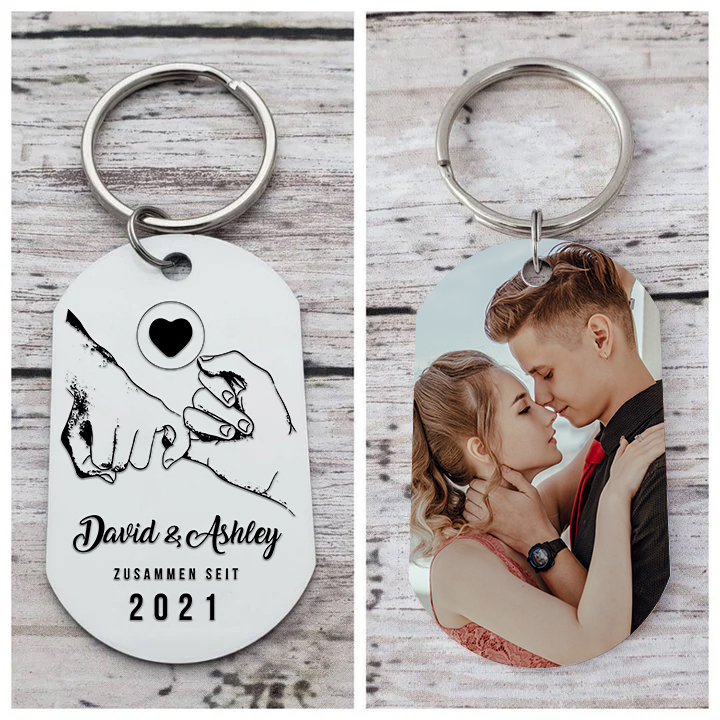 Llavero dedos cogidos personalizado con 2 nombres, texto, año y 1 foto para pareja-Jessemade ES