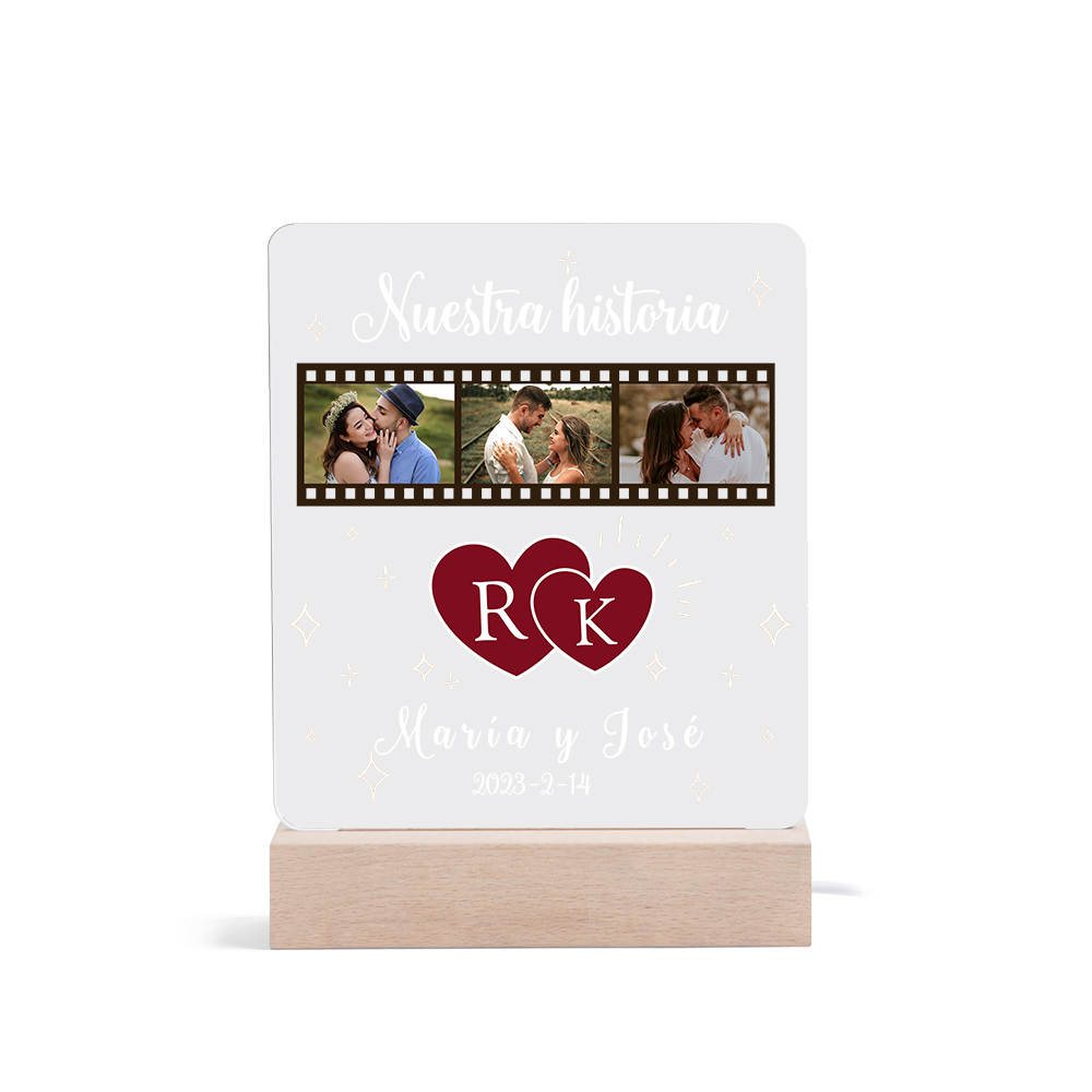 Lámpara para pareja 3D Ilusión Luz de Noche LED 2 letras, 2 textos, fecha y 3 fotos personalizados -Jessemade ES