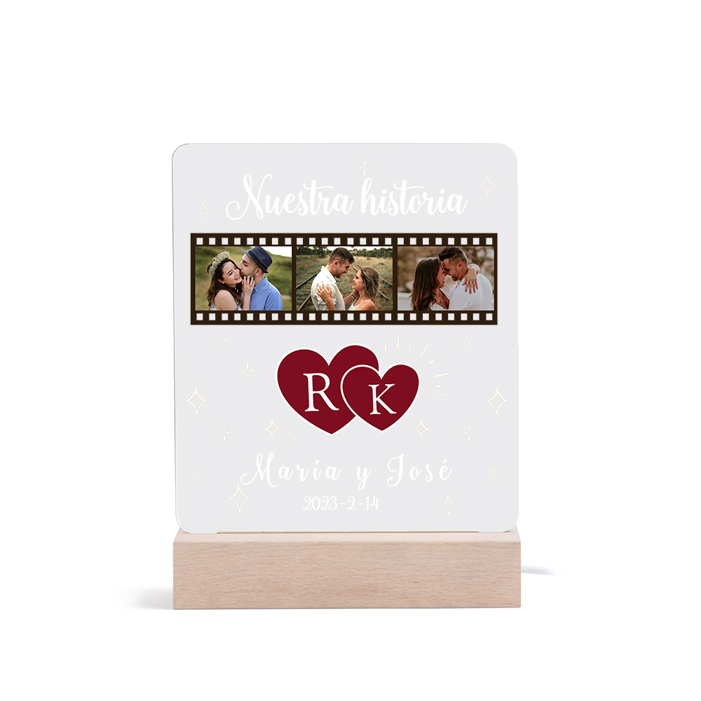 Lámpara para pareja 3D Ilusión Luz de Noche LED 2 letras, 2 textos, fecha y 3 fotos personalizados -Jessemade ES