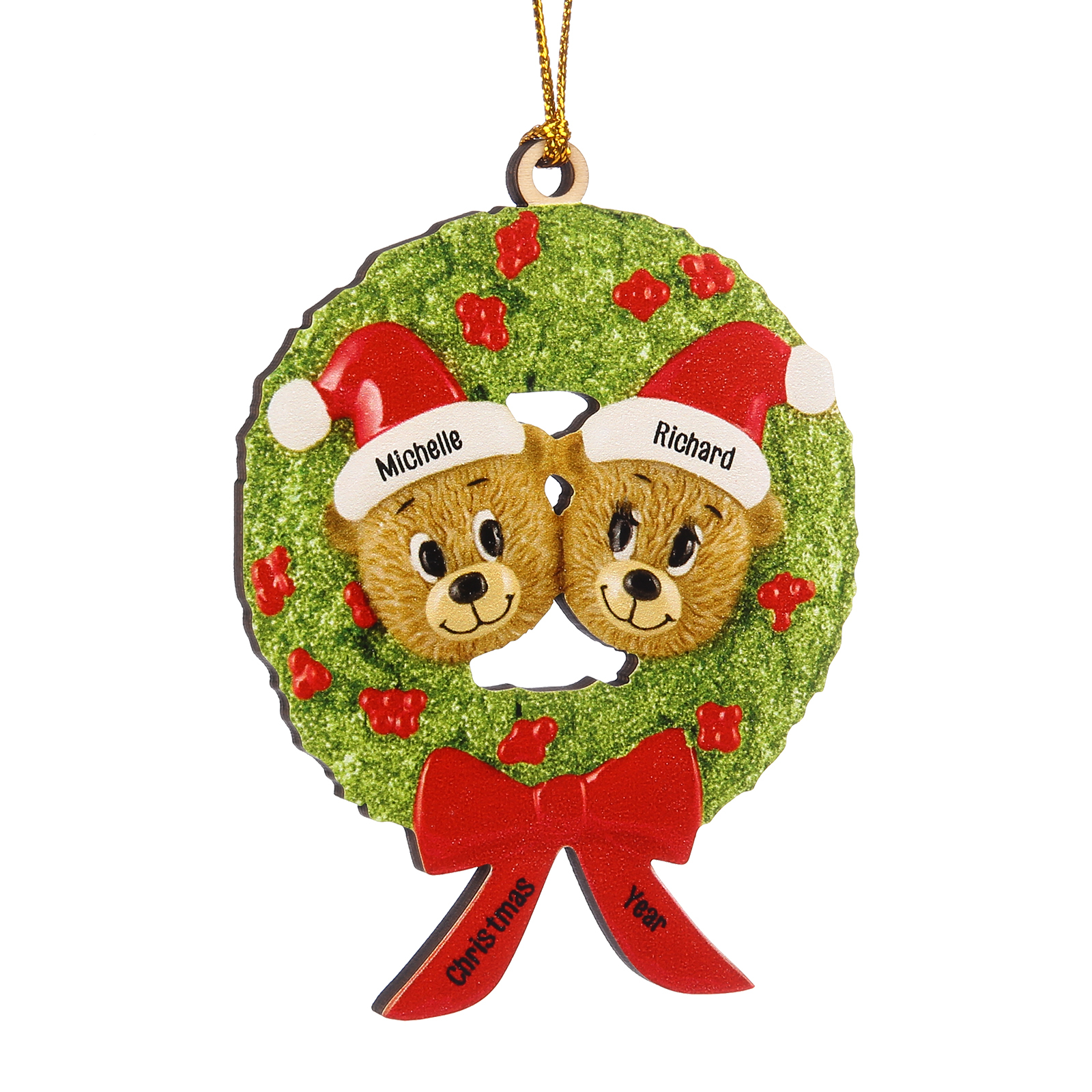 Navidad-Ornamentos Navideños de Madera Guirnalda y osos 2 Nombres con 2 Textos Personalizados
