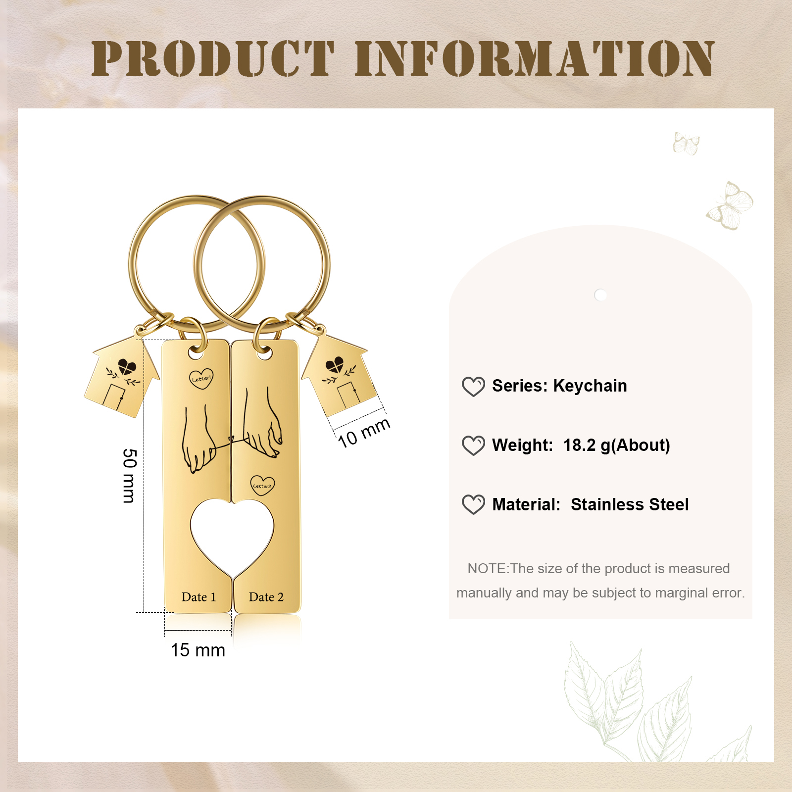 Llavero para pareja manos conectadas por hilo 2 letras personalizadas con fecha dije de casa-Jessemade ES