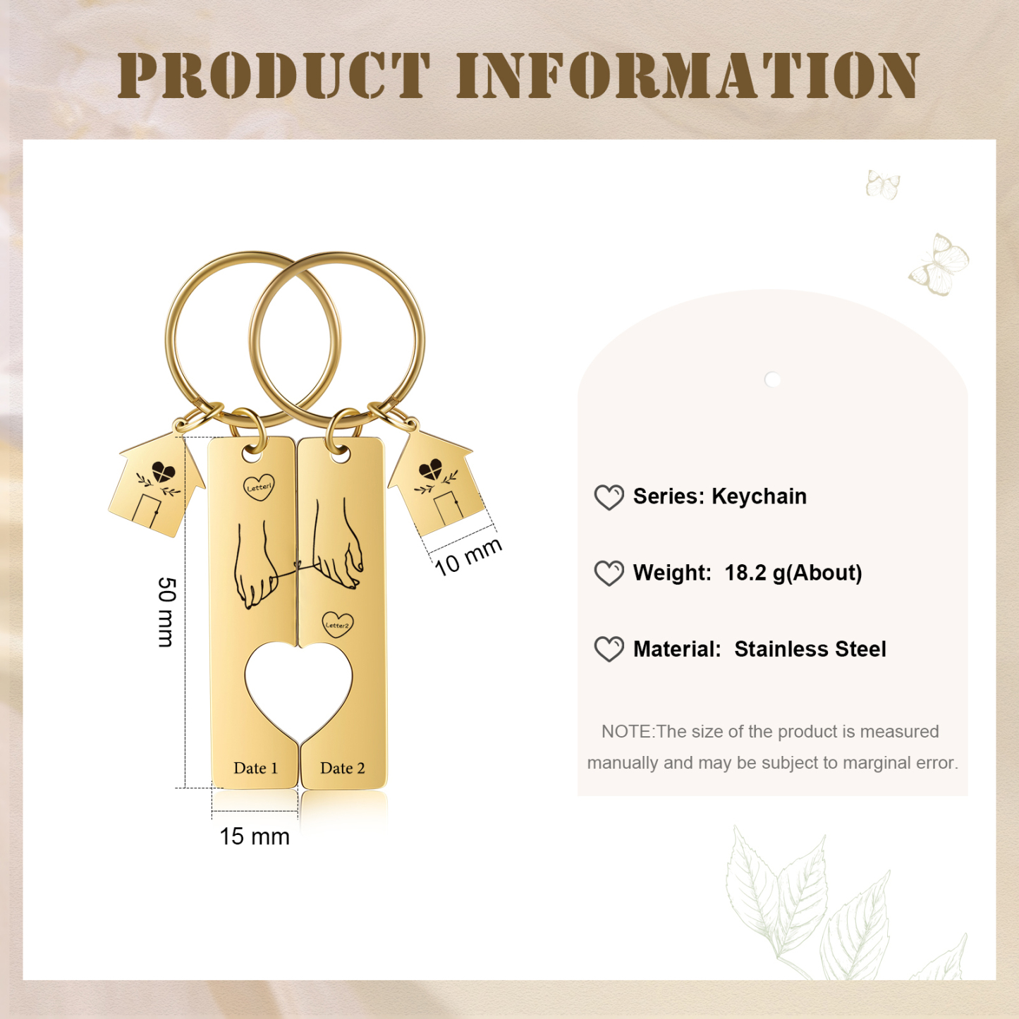 Llavero para pareja manos conectadas por hilo 2 letras personalizadas con fecha dije de casa-Jessemade ES