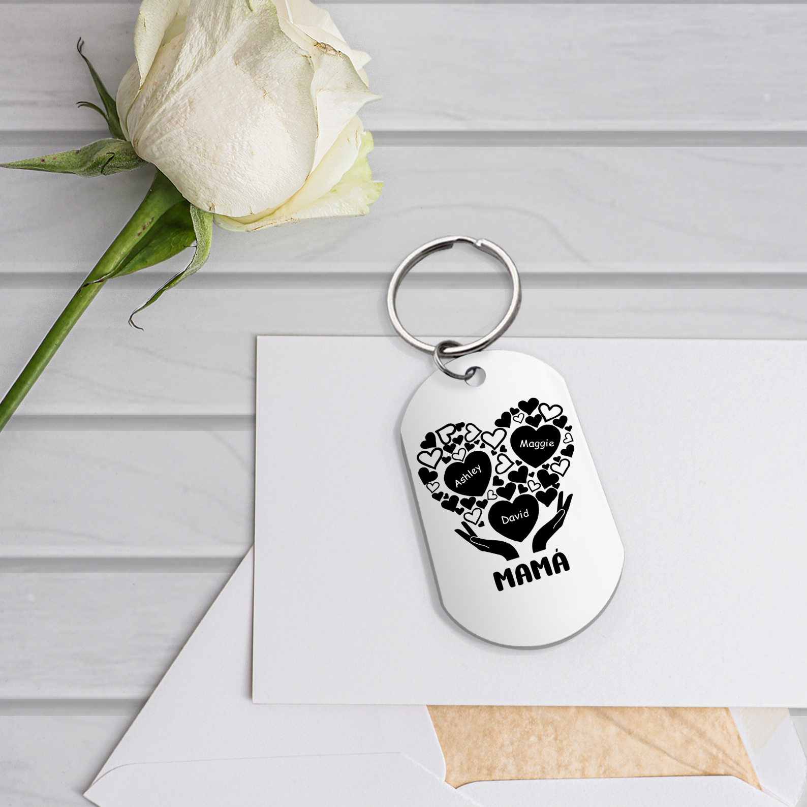 A mi mamá/abuela-Llavero 1-7 Nombres Personalizados con Texto CORAZONES Y MANOS