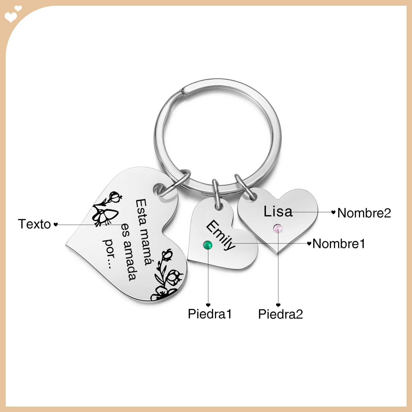 A mi mamá/abuela - Llavero con 2 nombres y piedras de nacimiento personalizados en corazones con texto-Jessemade ES