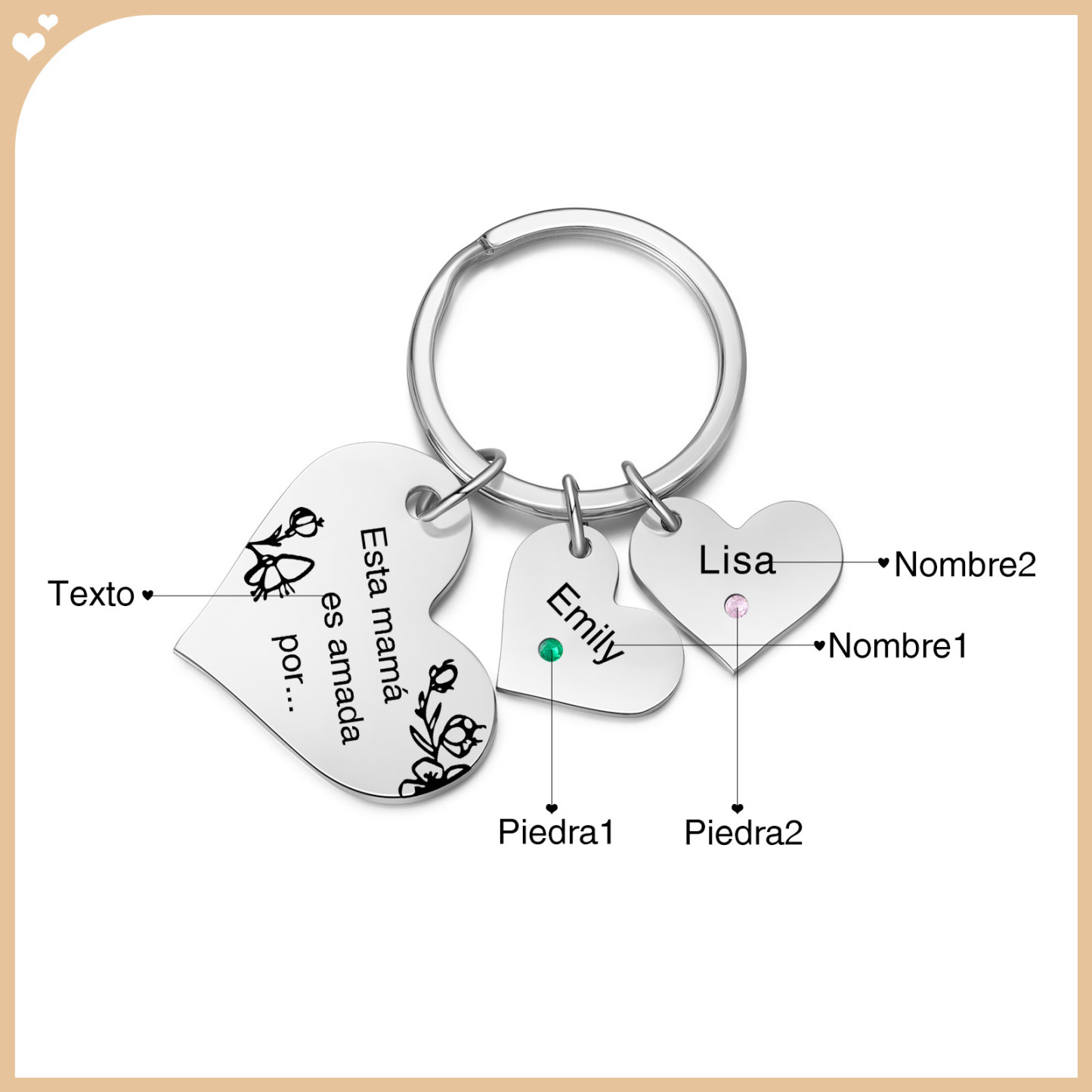 A mi mamá/abuela - Llavero con 2 nombres y piedras de nacimiento personalizados en corazones con texto-Jessemade ES