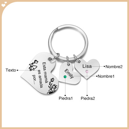 A mi mamá/abuela - Llavero con 2 nombres y piedras de nacimiento personalizados en corazones con texto-Jessemade ES