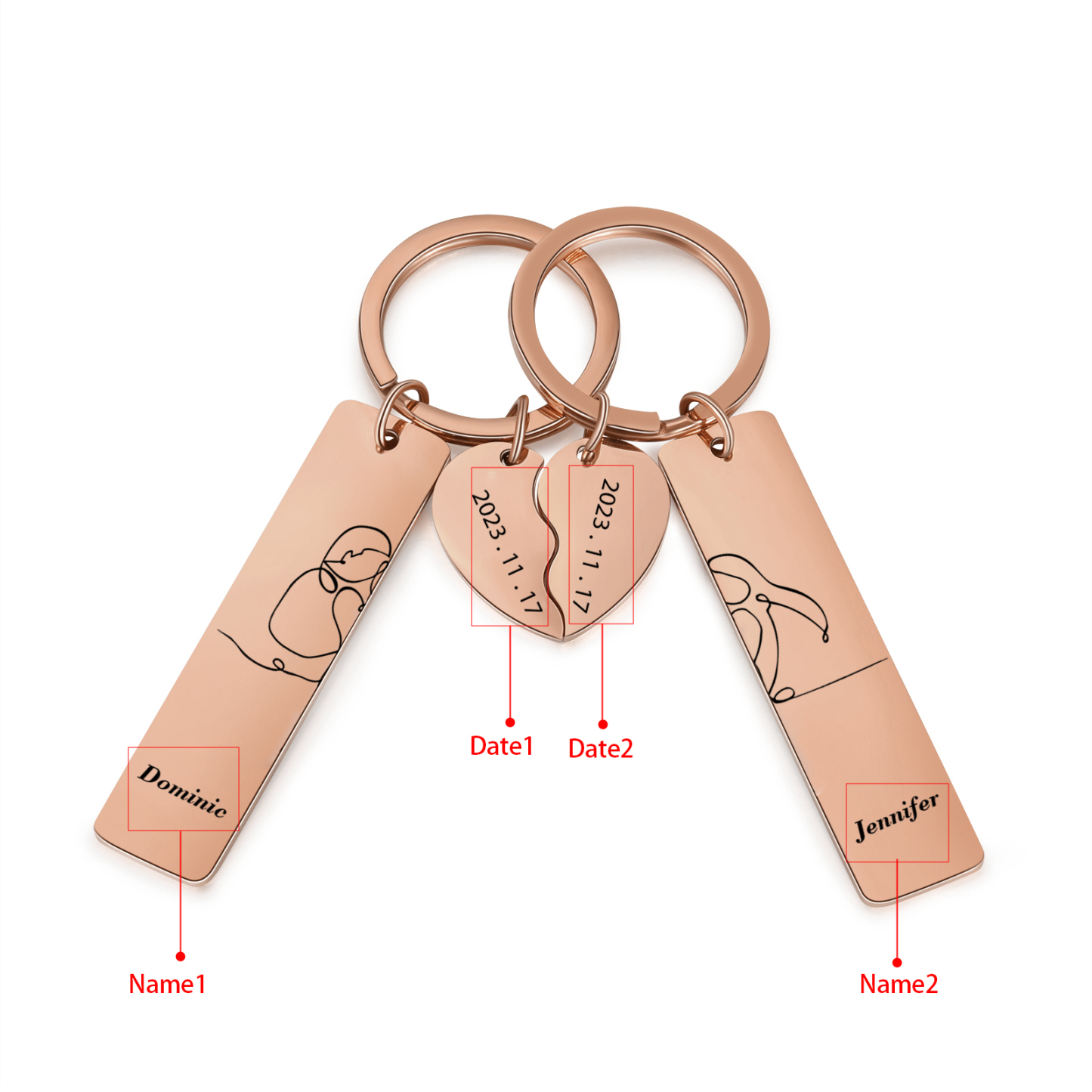 Llavero para pareja siluetas 2 nombres personalizados con fecha dije de medio corazón-Jessemade ES