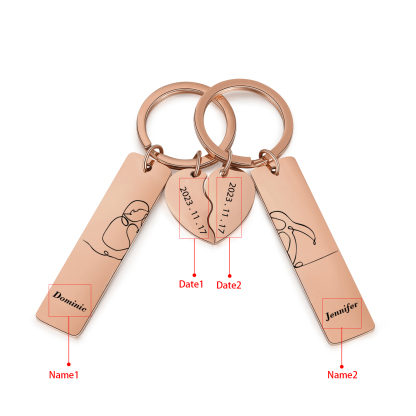 Llavero para pareja siluetas 2 nombres personalizados con fecha dije de medio corazón-Jessemade ES