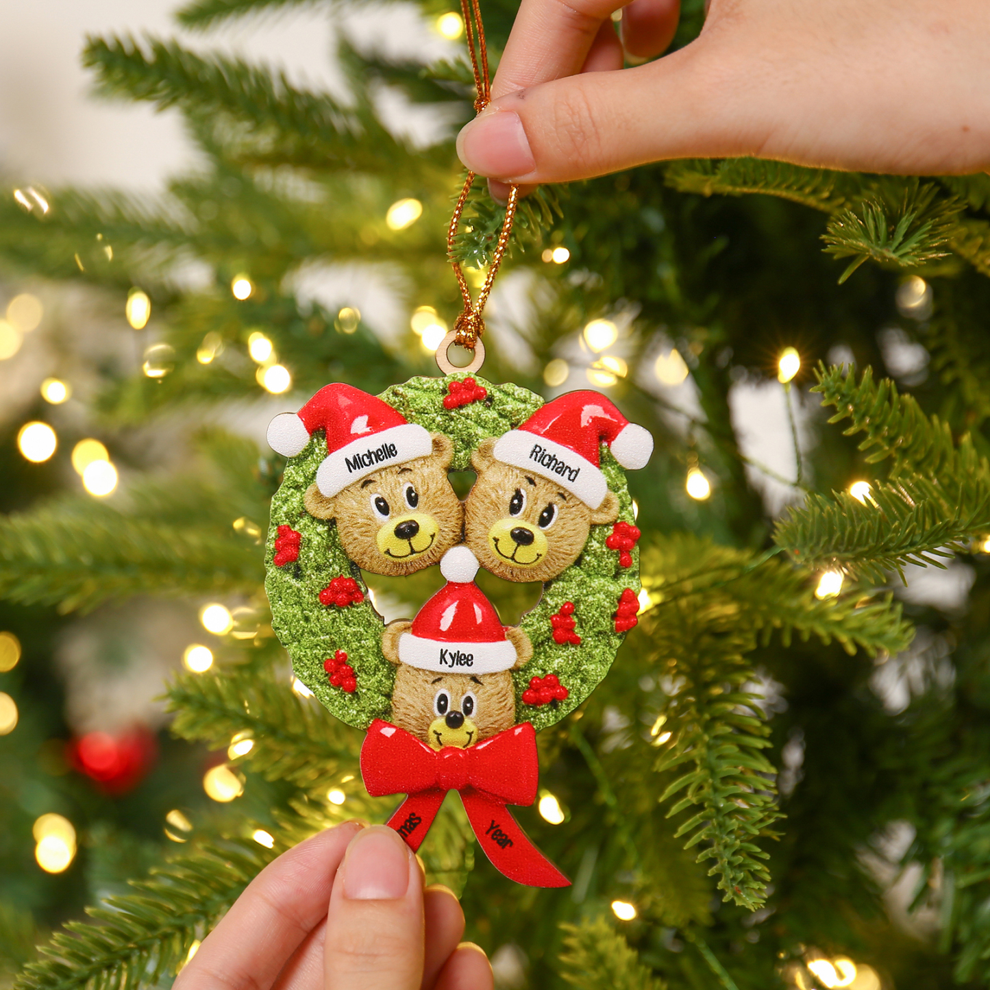 Navidad-Ornamentos Navideños de Madera Guirnalda y osos 3 Nombres con 2 Textos Personalizados