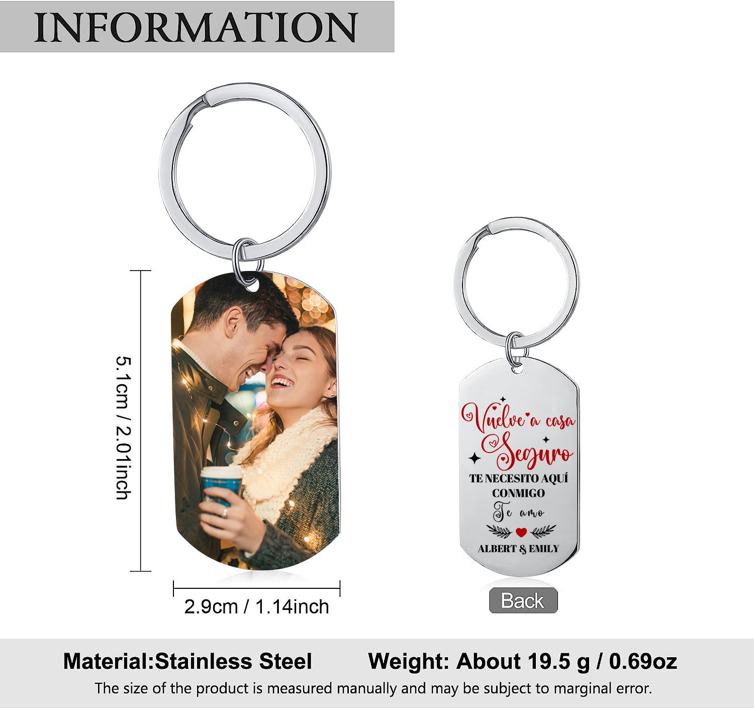 Llavero personalizado con 2 nombres y 1 foto para pareja-Jessemade ES