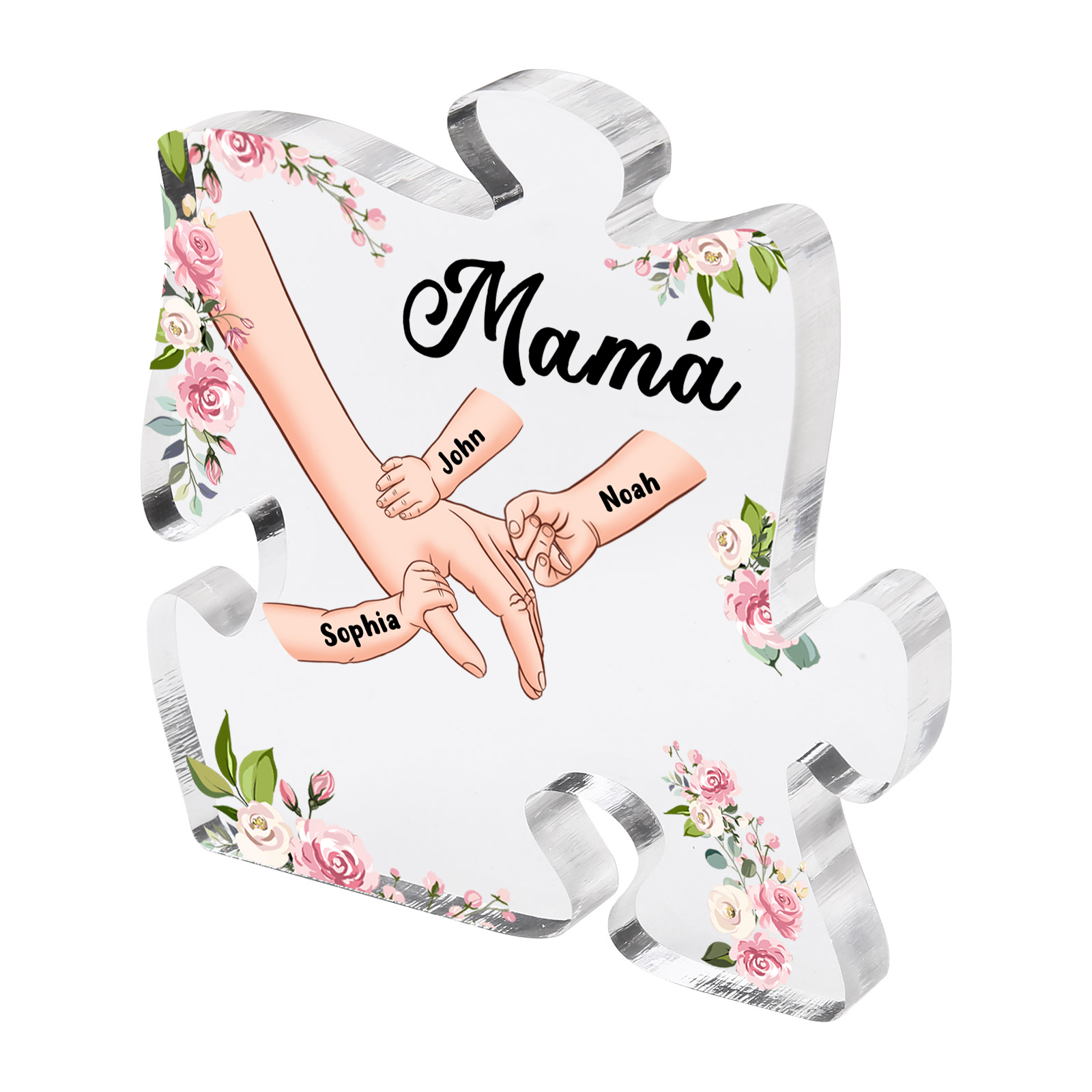 A mi mamá/abuela-Placa de acrílico en forma de corazón mano a mano con 1 texto y 3 nombres personalizados | Jessemade