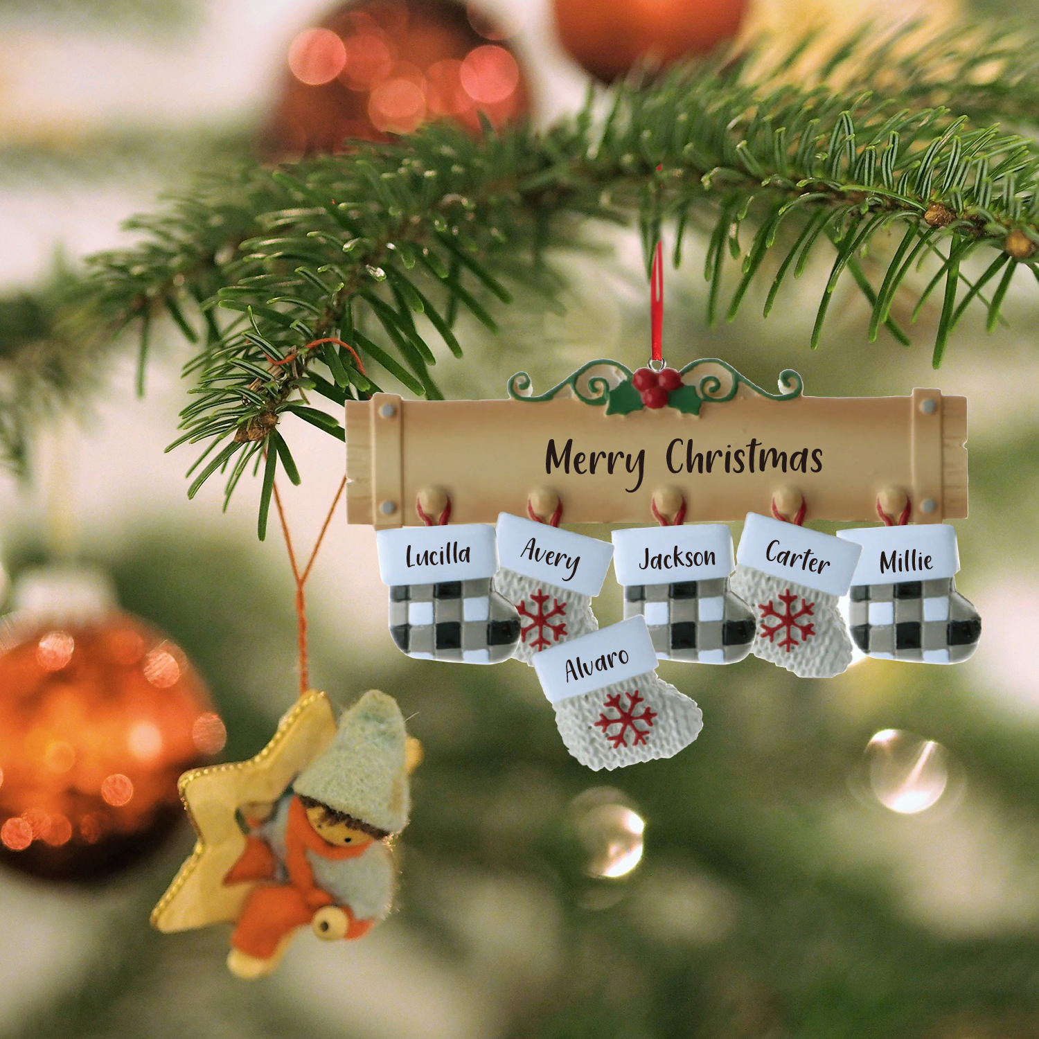 Navidad-Ornamento muñecos navideño de madera calcetines 6 nombres y 1 texto personalizados adorno del árbol-Jessemade ES
