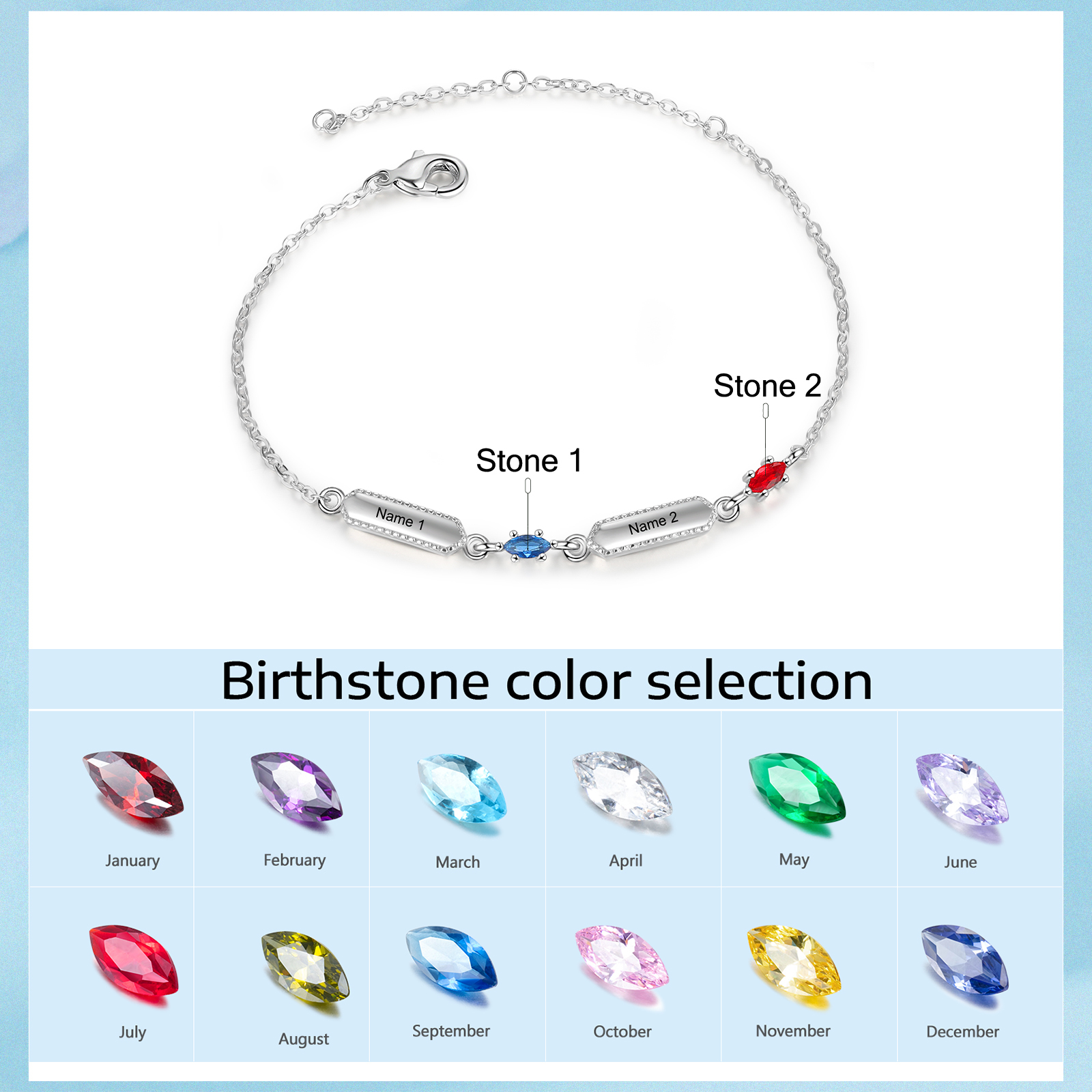Pulsera infinito para mujer y placa personalizada con 2 nombres y 2 piedras de nacimiento-Jessemade ES