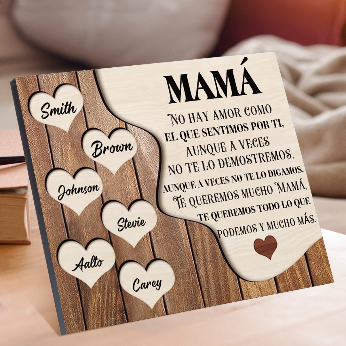 A mi mamá - Lámina 2-8 nombres personalizados marco de madera cara y corazones-Jessemade ES