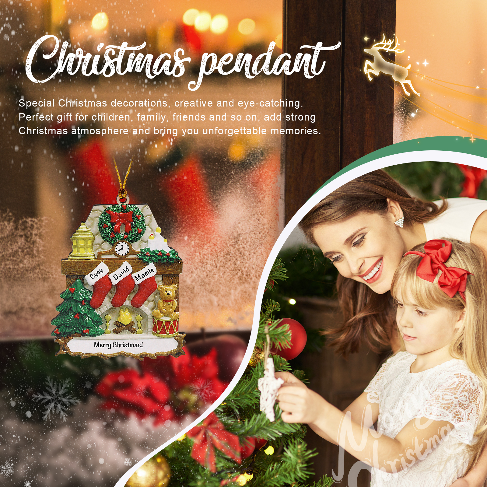 Navidad-Ornamento navideño de madera chimenea y calcetines con 3 nombres y 1 texto personalizados
