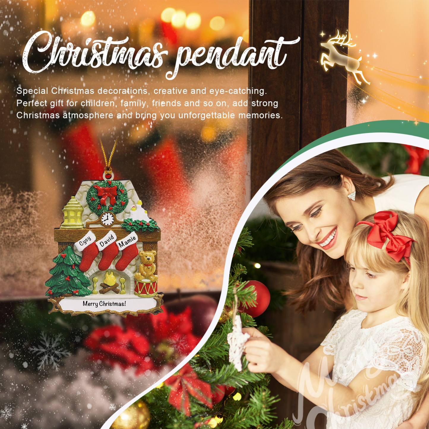 Navidad-Ornamento navideño de madera chimenea y calcetines con 3 nombres y 1 texto personalizados