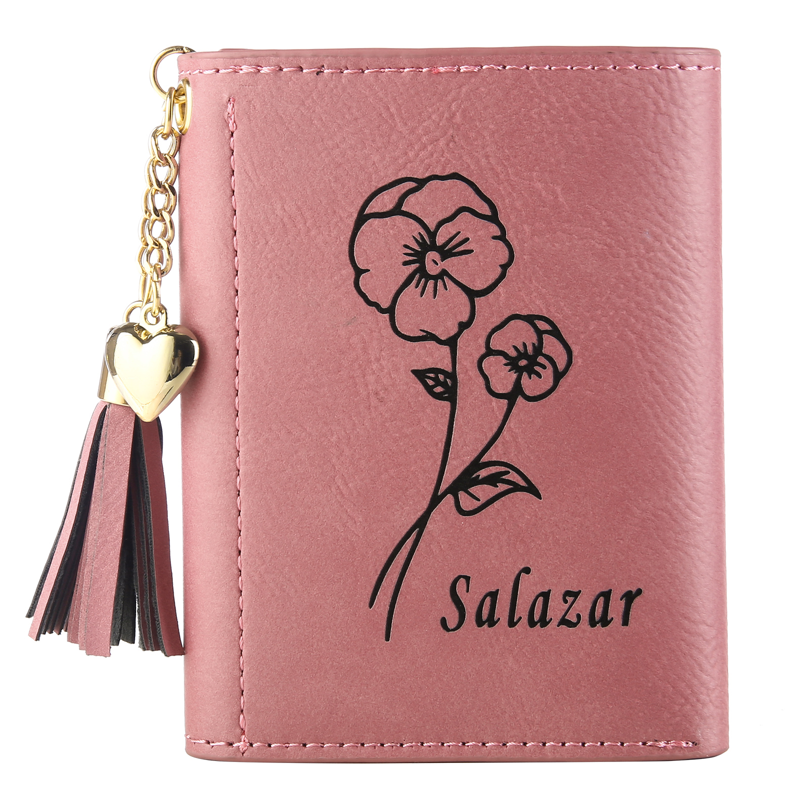 Cartera, billetera con 1 nombre, 1 flor de nacimiento y 1 texto personalizados monedero clásico para mujer-Jessemade ES