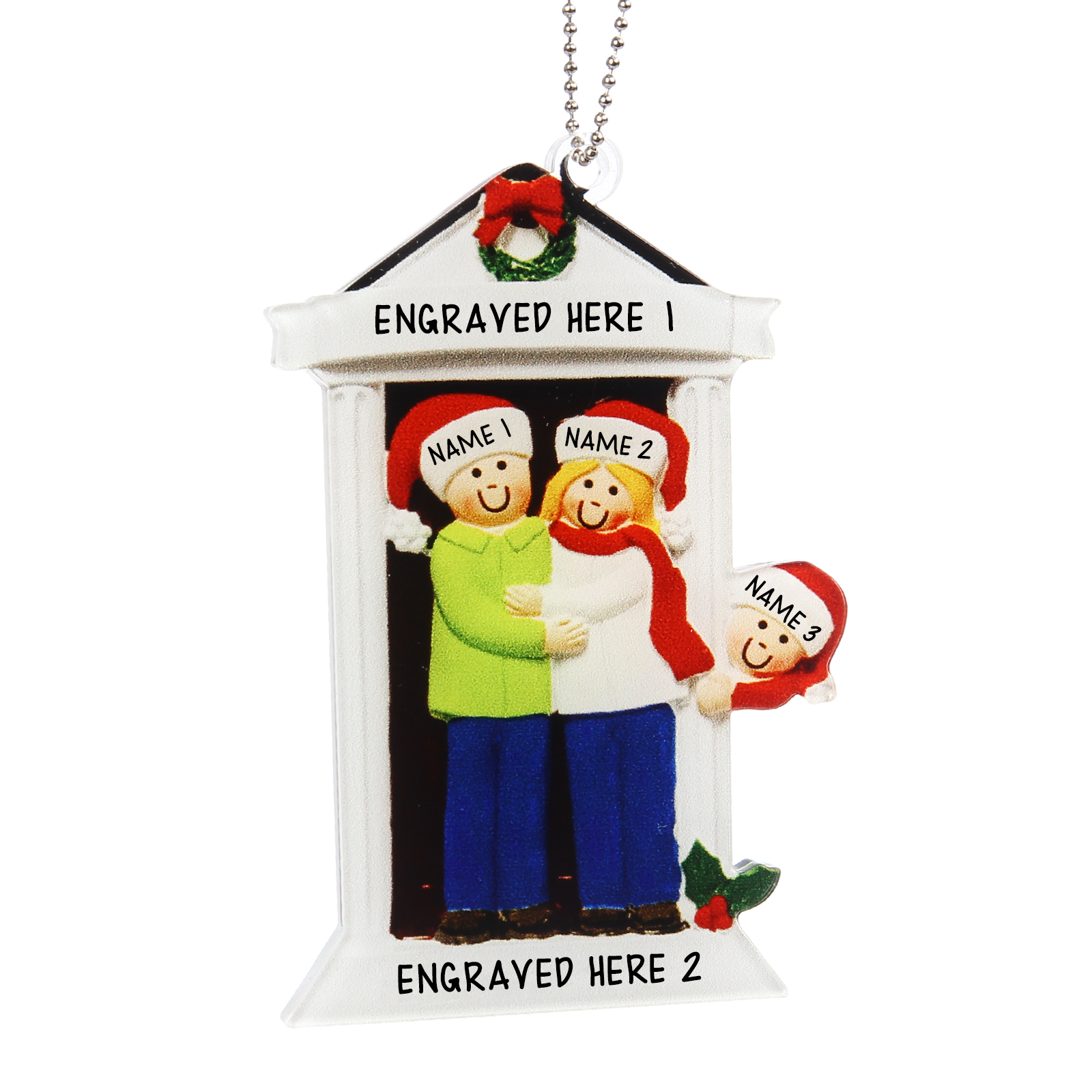 Navidad-Ornamentos Navideños de Acrílico Familia en Puerta 3 Nombres Personalizados con 2 Textos