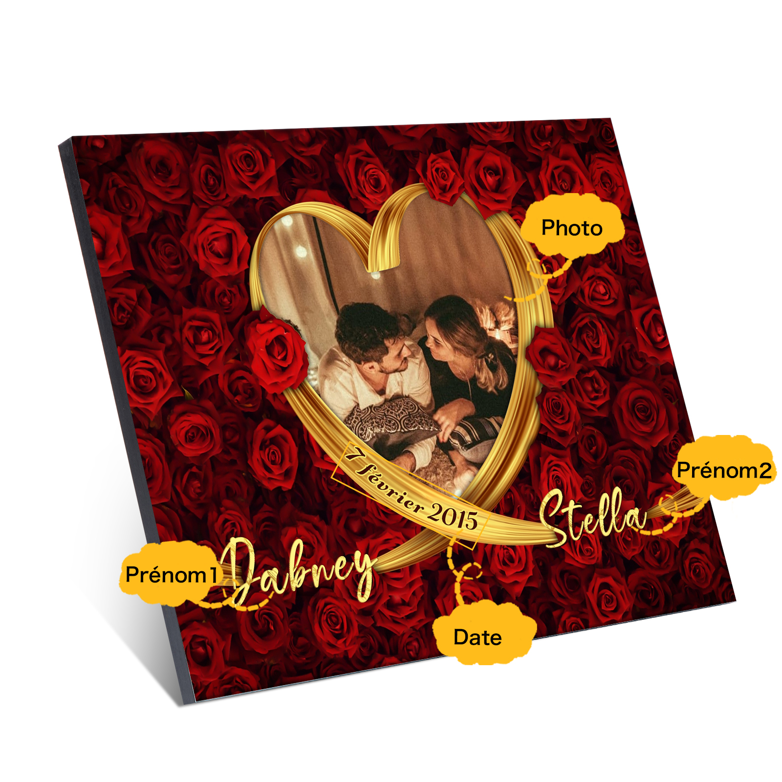 Lámina "rosas" marco de madera para pareja 2 nombres personalizados con fecha y foto-Jessemade ES