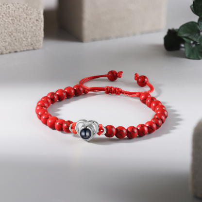 Pulsera de turquesa roja sintética con proyección de foto en color con dije de corazón pulsera ajustable-Jessemade ES