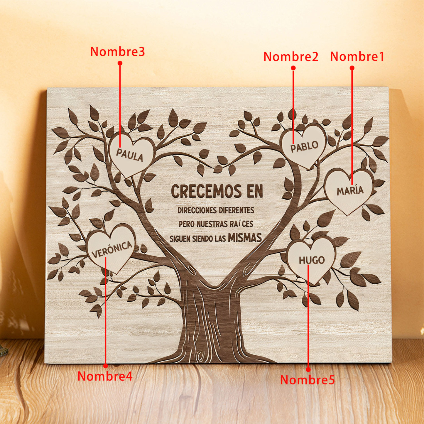A mi familia-Lámina marco de madera Árbol de la Vida 5 nombres personalizados-Jessemade ES
