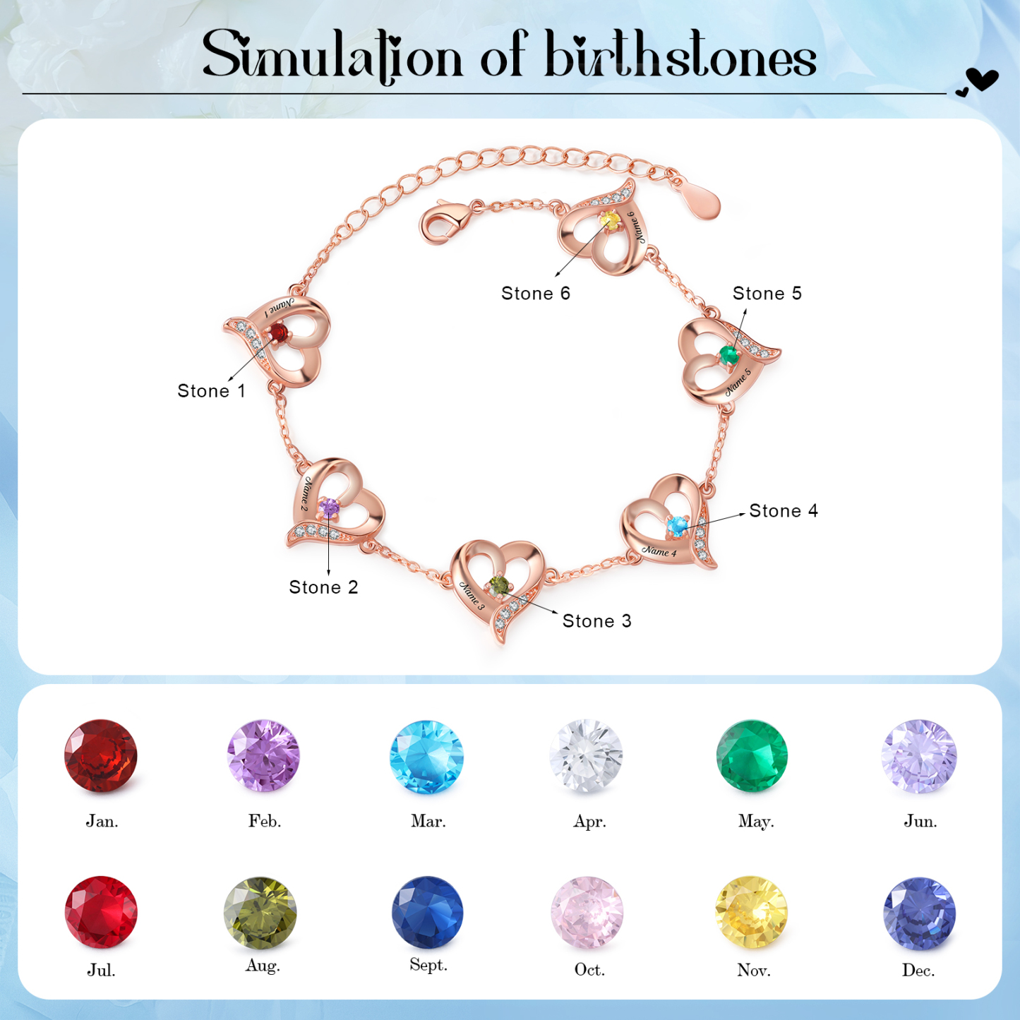 Pulsera 1-7 nombres y piedras personalizados con dije de corazón-Jessemade ES