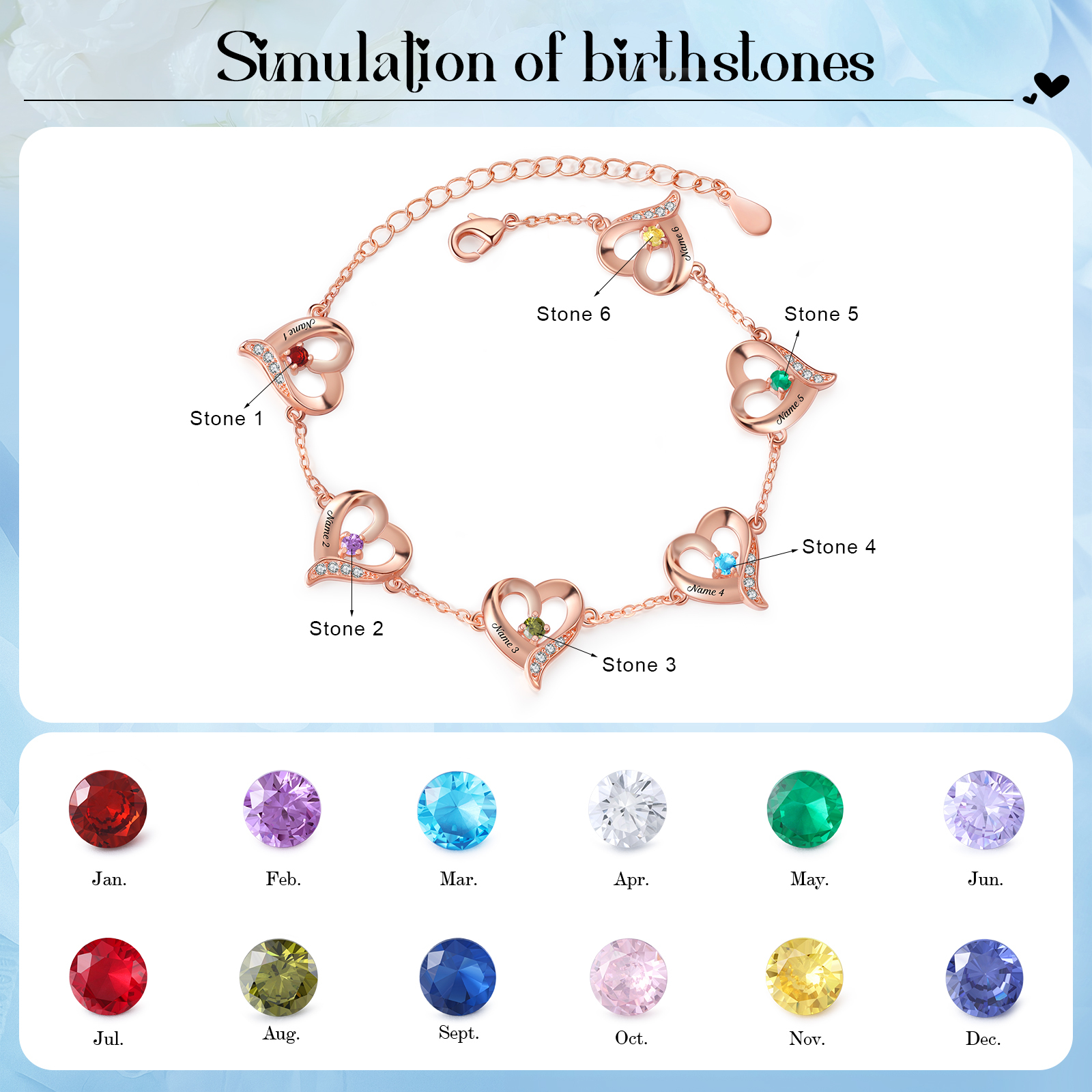 Pulsera 1-7 nombres y piedras personalizados con dije de corazón-Jessemade ES