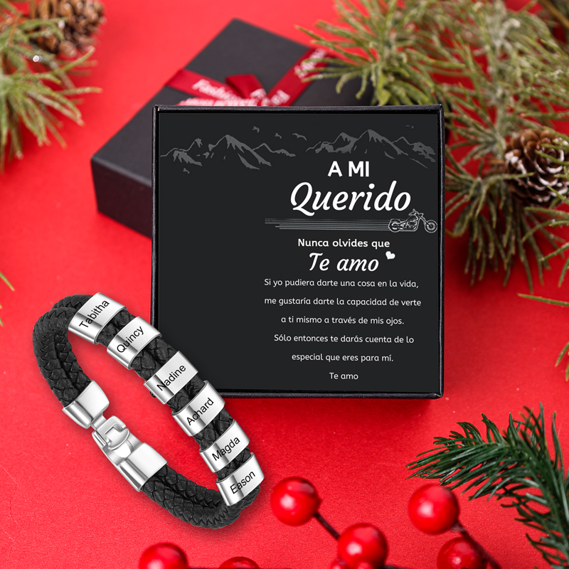 A mi querido-Pulsera de cuero trenzado Pulsera de hombre con 6 aros personalizados con 6 nombres-Jessemade ES