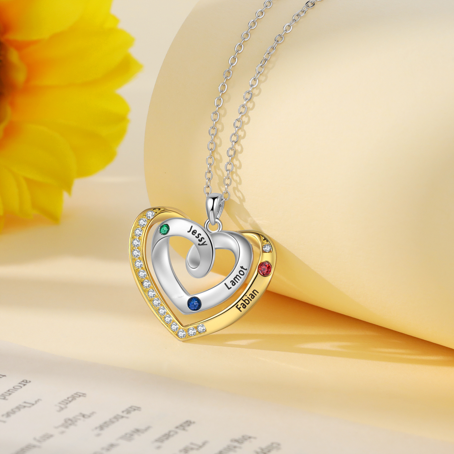 Collar de corazón con 3 nombres y piedras de nacimiento personalizados-Jessemade ES