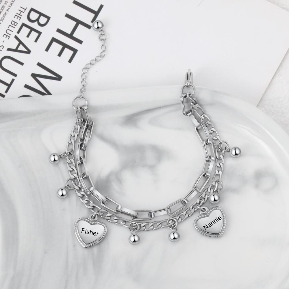 Pulsera de dobles cadenas con dije de corazón personalizada con 2 nombres-Jessemade ES