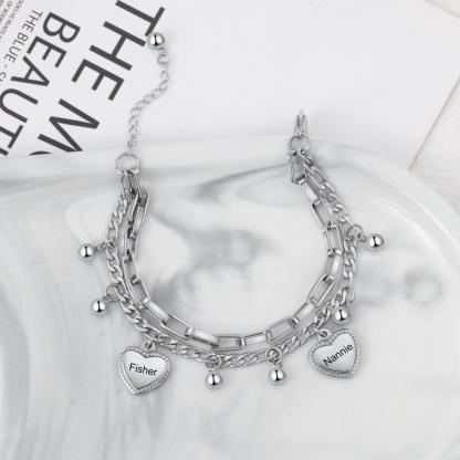 Pulsera de dobles cadenas con dije de corazón personalizada con 2 nombres-Jessemade ES