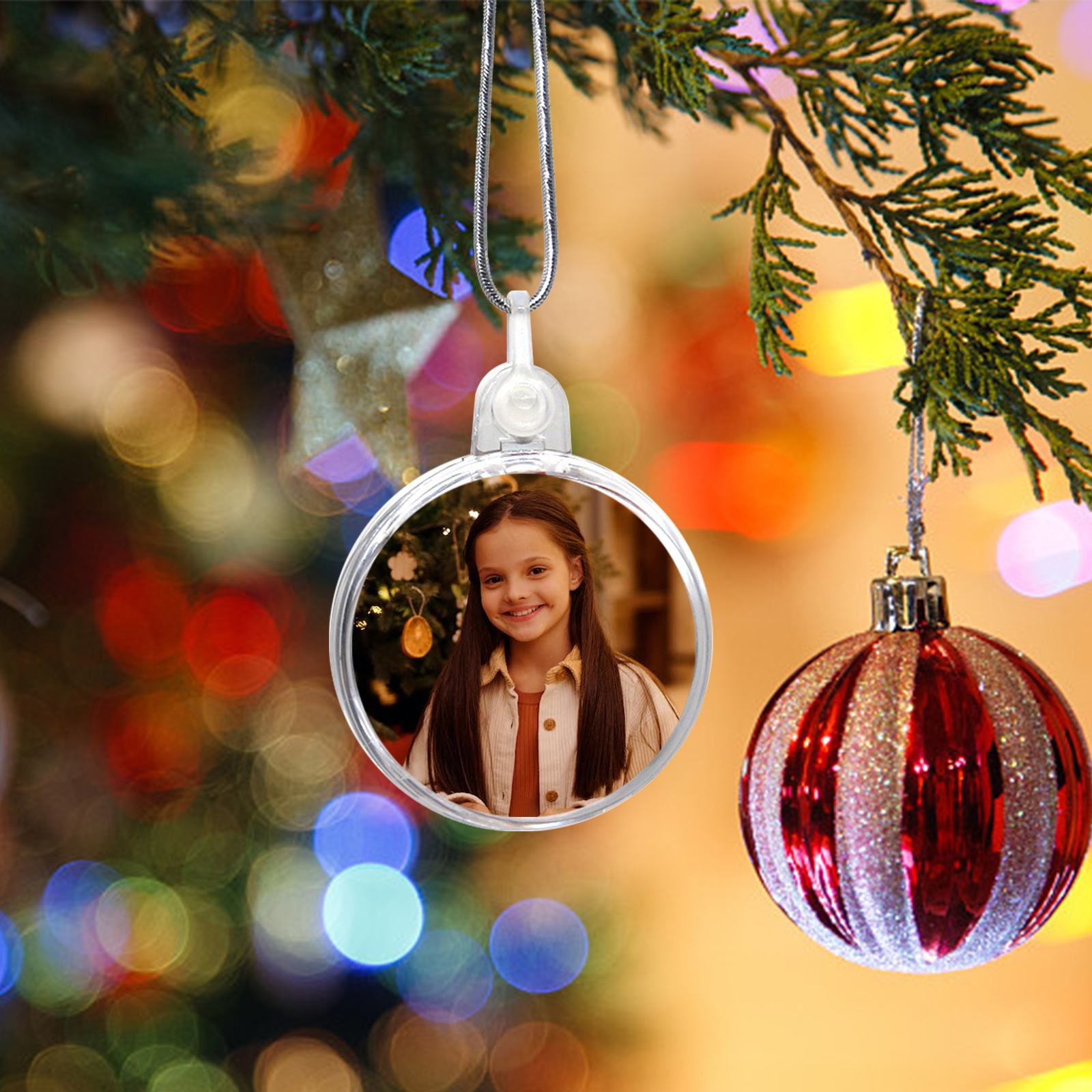 Navidad-Ornamento navideño medalla redonda con 1 foto personalizada adorno del árbol